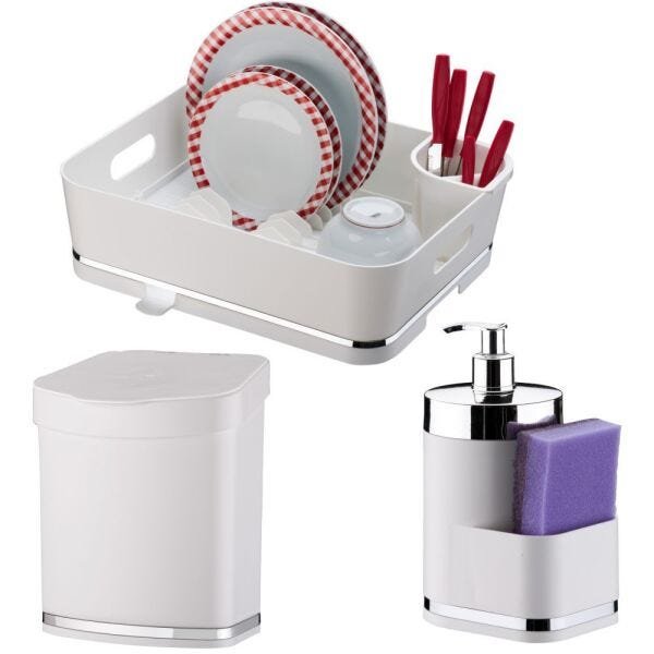 Escorredor Louça Talheres + Dispenser Detergente + Lixeirinha 2,5L - Branco - 1