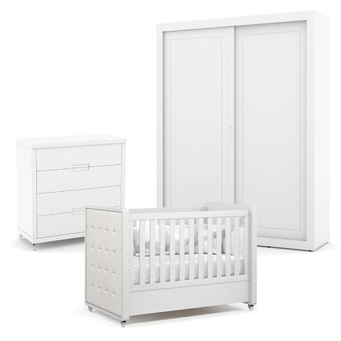 Quarto de Bebe 2 Portas Tutto New com Capitonê New Boucle e Gaveteiro Branco Acetinado - Matic