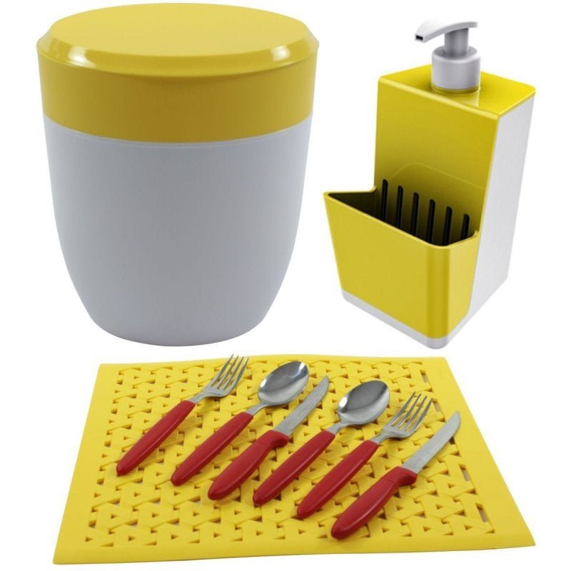 Kit Lixeirinha Dispenser Detergente Grade de Pia Cozinha - Cores - Amarelo - 1