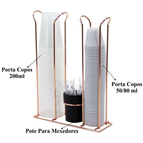 Porta Copos Descartáveis 200ml e 50/80ml Porta Mexedores - Rosé Gold - Preto - 3