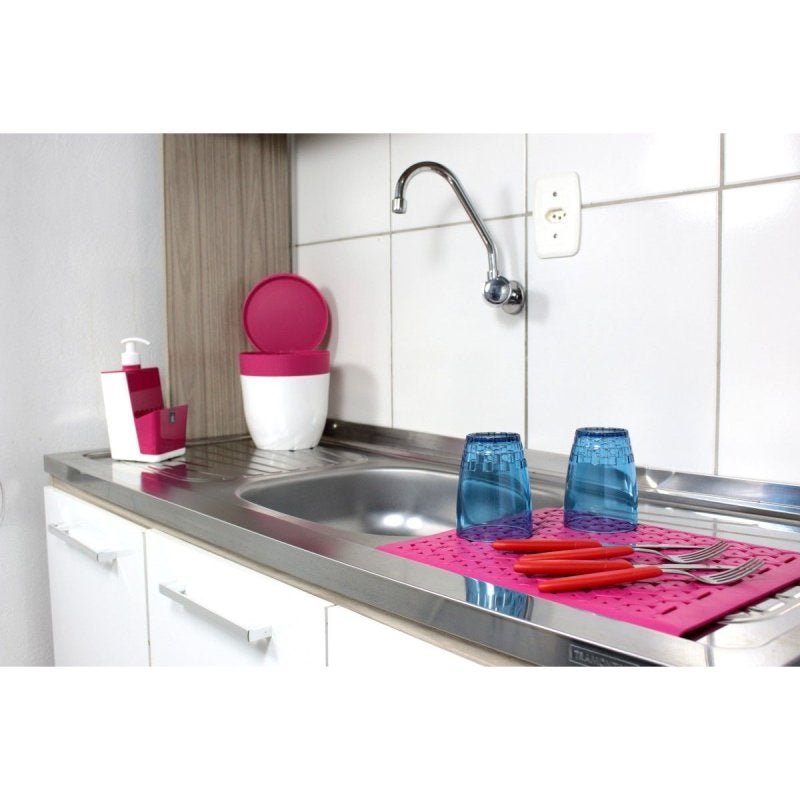 Kit Lixeirinha Dispenser Detergente Grade de Pia Cozinha - Cores - Rosa - 4