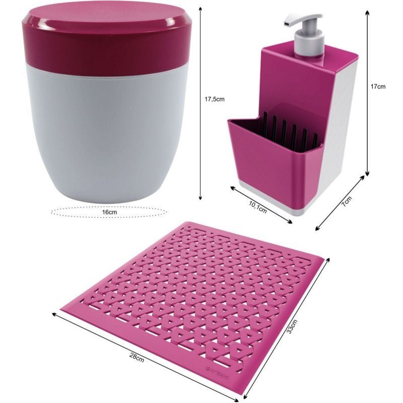 Kit Lixeirinha Dispenser Detergente Grade de Pia Cozinha - Cores - Rosa - 3