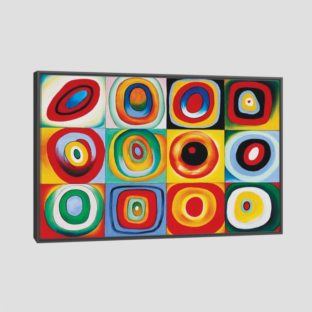 Quadro Kandinsky Quadrados Com Círculos Concêntricos Tela Moldura Preta 45X30Cm - 1