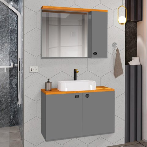 Conjunto para Banheiro Gabinete Suspenso com Cuba e Espelheira Madri Cinza com Nature - Rede Móveis