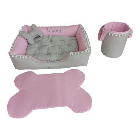 Kit Pet Caes e Gatos Cesto Organizador Cama G Personalizada Jogo Americano Rosa Caminha G com Ziper