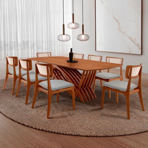 Conjunto Sala de Jantar Mesa Venus Tampo 220cm Laminado Barril e 8 Cadeiras Viena