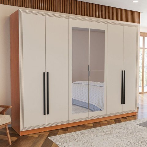 Guarda-roupa Valência 6 Portas 4 Gavetas com Espelho Freijó/creme - Politorno