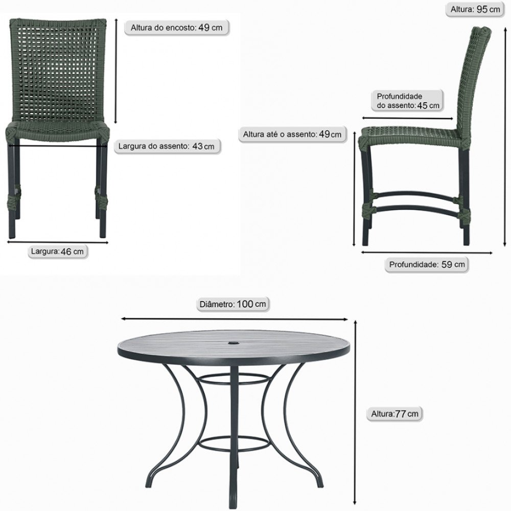 Mesa Ascoli 100 Cm com 4 Cadeiras Cannes de Alumínio, Pintura Preta e Trama Tela de Corda Náutica - 2