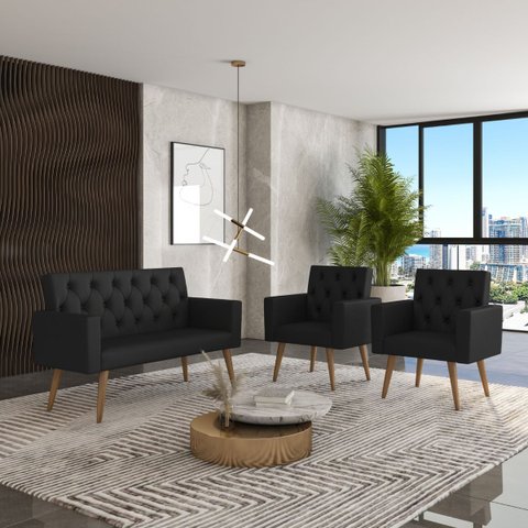 Sofá 2 Lugares + 2 Poltronas Decorativas para Sala, Recepção Preto