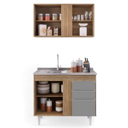 Armário Aéreo Indiana e Balcão Gabinete 100cm com Pia Inox Luziania Preto/Cinza- Lumil Lumil Móveis  - 3
