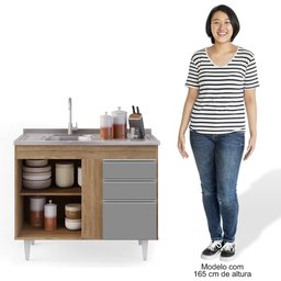 Armário Aéreo Indiana e Balcão Gabinete 100cm com Pia Inox Luziania Preto/Cinza- Lumil Lumil Móveis  - 5