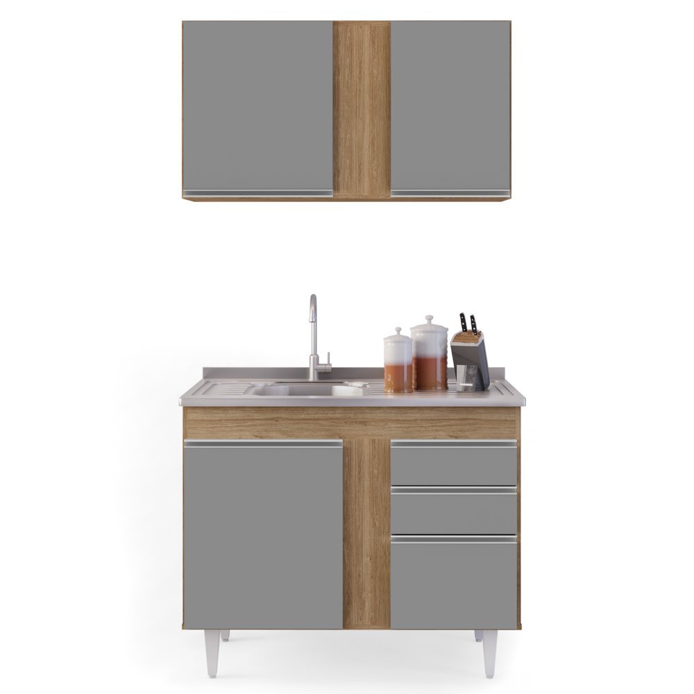 Armário Aéreo Indiana e Balcão Gabinete 100cm com Pia Inox Luziania Preto/Cinza- Lumil Lumil Móveis  - 7
