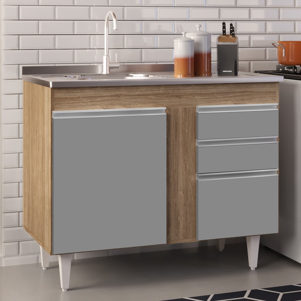 Armário Aéreo Indiana e Balcão Gabinete 100cm com Pia Inox Luziania Preto/Cinza- Lumil Lumil Móveis  - 10