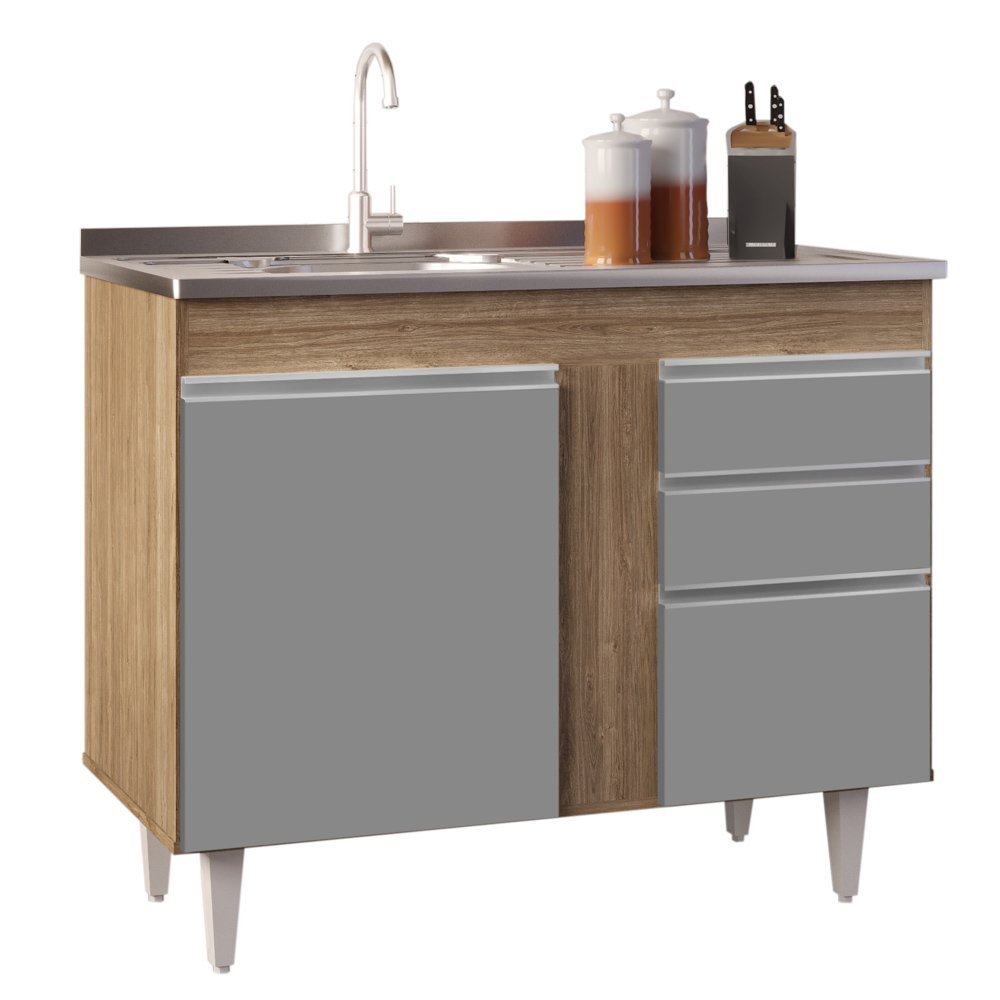 Armário Aéreo Indiana e Balcão Gabinete 100cm com Pia Inox Luziania Preto/Cinza- Lumil Lumil Móveis  - 9