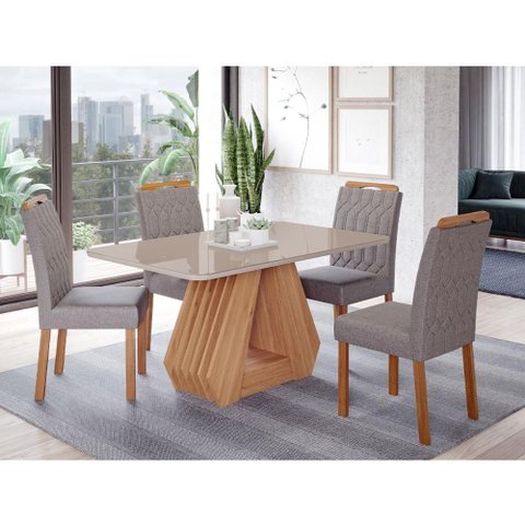 Conjunto de Mesa de Jantar Tampo de Vidro Off White Agata e 4 Cadeiras Paola Madeira Linho Grafite e