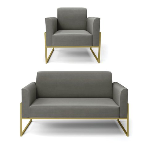 Sofá Namoradeira com Poltrona Base Industrial Alta Dourado Marisa Suede D03 - D’Rossi Grafite