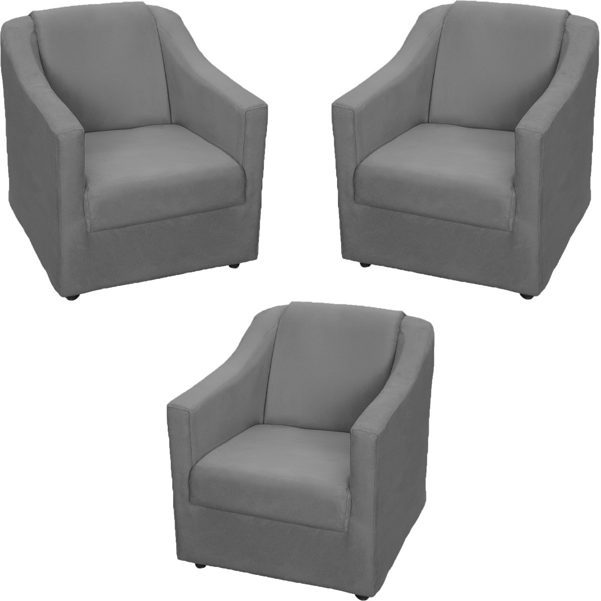 Kit 3 Poltronas Decorativas Para Sala De Espera Recepção Escritório Consultório Suede Cinza