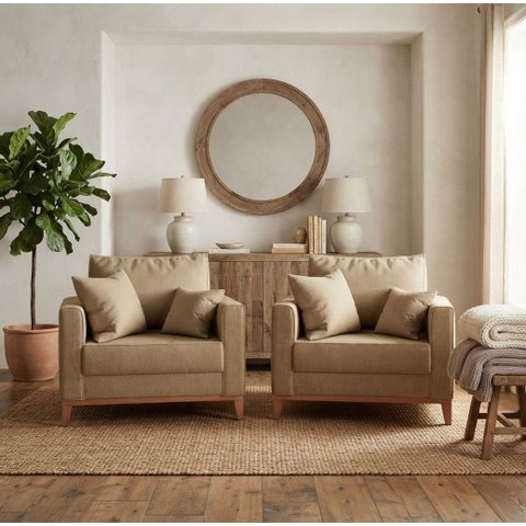 Kit 2 Poltronas Beny Amamentação com 2 Almofadas Base em Madeira Maciça Tecido Linho Bege