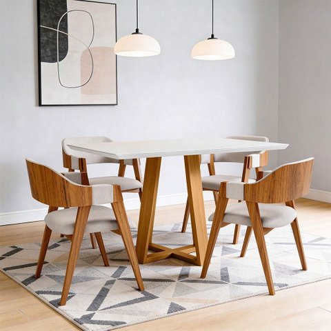 Mesa Retangular Elian Tampo de Vidro 135cm Ypê Off White N01 com 4 Cadeiras Suran Linho Cru - Lyam