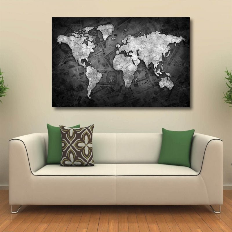 Quadro decorativo Mapa Mundi Black Money Tela em Tecido - 1