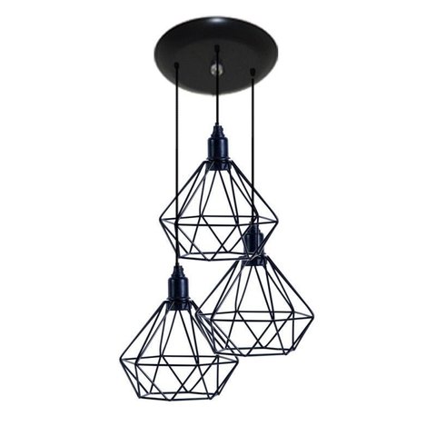 Luminária Pendente com Aramado Modelo Diamante 03 Juntos na Mesma Canopla - Preto Bivolt 110v - 220v