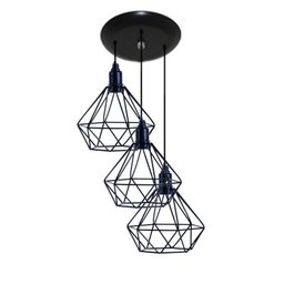 Luminária Pendente com Aramado Modelo Diamante 03 Juntos na Mesma Canopla - Preto Bivolt 110v - 220v - 2