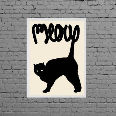 Quadro Gato Preto Meow 45x34cm:Madeira branca