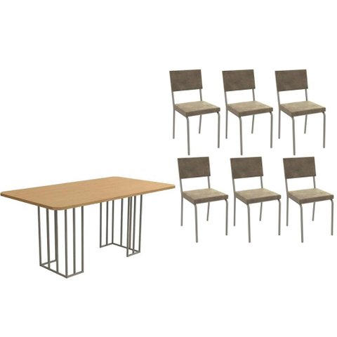 Sala de Jantar Completa Duina C/ Tampo de Madeira 160cm e 6 Cadeiras Zaria Niquel/freijo - Suede