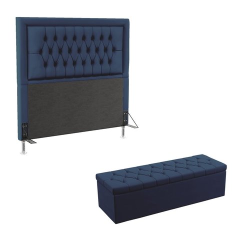 Kit Cabeceira Decorativa Para Cama Box Pegasus e Calçadeira Sagitarius 195 Para Cama King Sued Azul 