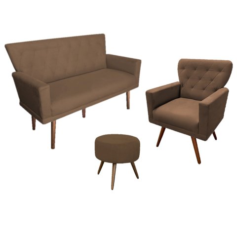 Kit Namoradeira + 1 Poltrona Decorativa Aurora + Puff Redondo Suede Marrom Pés Madeira Mz Decor