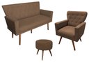 Ver imagem 1 de Kit Namoradeira + 1 Poltrona Decorativa Aurora + Puff Redondo Suede Marrom Pés Madeira Mz Decor