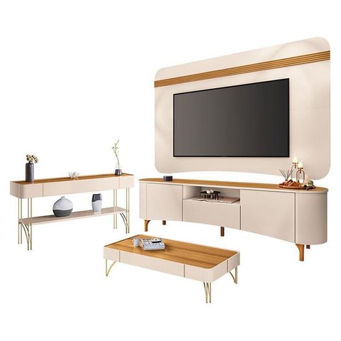 Rack Bancada Elara e Painel Armony com Mesa de Centro Cadenza e Aparador Vivant Off White Cinamomo