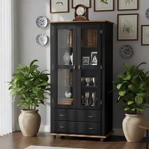 Cristaleira Rústica de Madeira 2 Portas e 2 Gavetas com Pés Torneados - Preto Laca com Tampo e Base