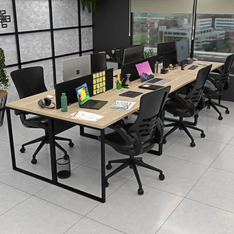 Escrivaninha Mesa Escritório 6 Lugares 360cm Industrial Carvalho e Preto Bege