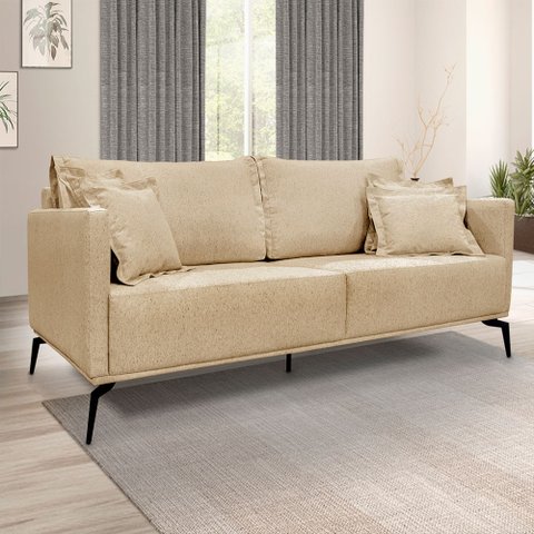 Kit 2 Poltronas e Sofá Living 2 Lugares 1,80m Sirius Linho Pés Metálicos - Pallazio Dourado