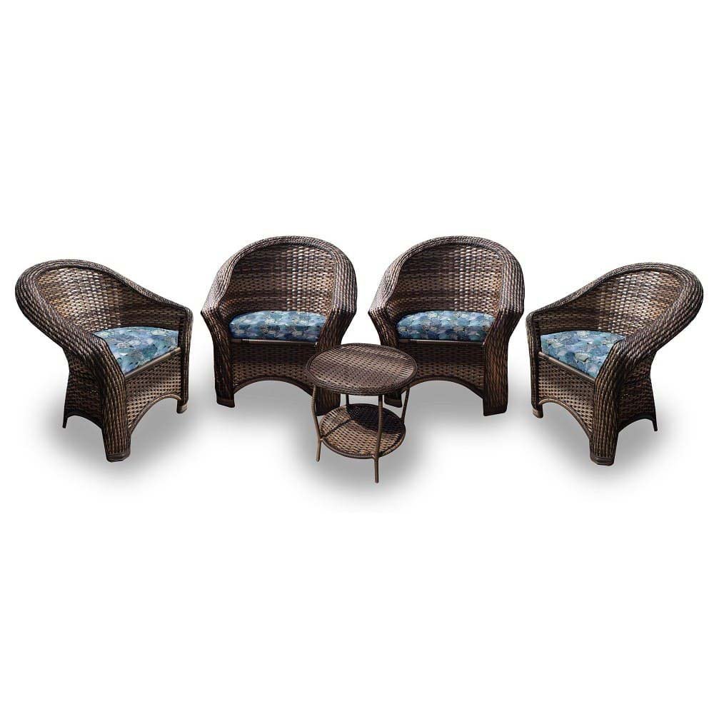 Conjunto de Poltronas Fibra Sintética Bali - 4 Poltronas + 1 Mesa Centro - Tecido Coquille Azul - 1