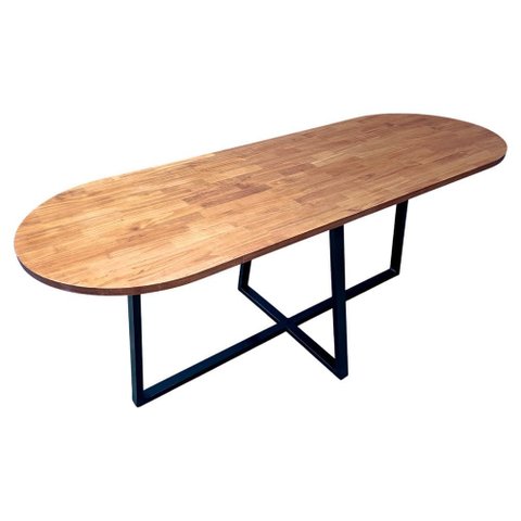 Mesa Oval Modelo Industrial - Ferro Cor Preta e Madeira Maciça Cor Castanheira