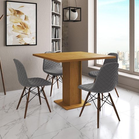 Mesa Jantar Londres Quadrada Canela 90cm 4 Cadeiras Eames Estofadas Grafite Madeira