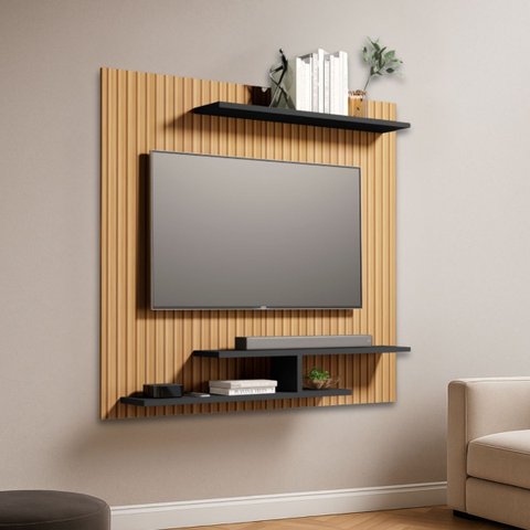 Painel para Tvs de até 32" Osiris Compacto com 3 Prateleiras:ripado/preto