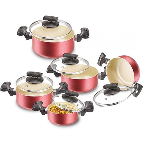 Jogo de Panelas 5 Peças Vermelha Antiaderente Remaza