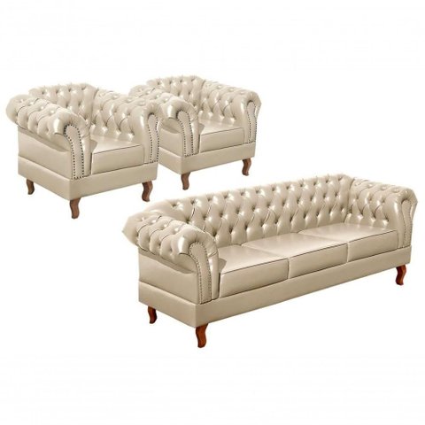 Conjunto Dom Pedro 3+1+1 Lugares Bege Couro Sintético Bella Decor
