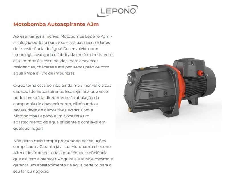 Bomba Lepono Autoaspirante Ajm-150 2cv Monofásico 127/220v Preto 127/220 (m) - 2