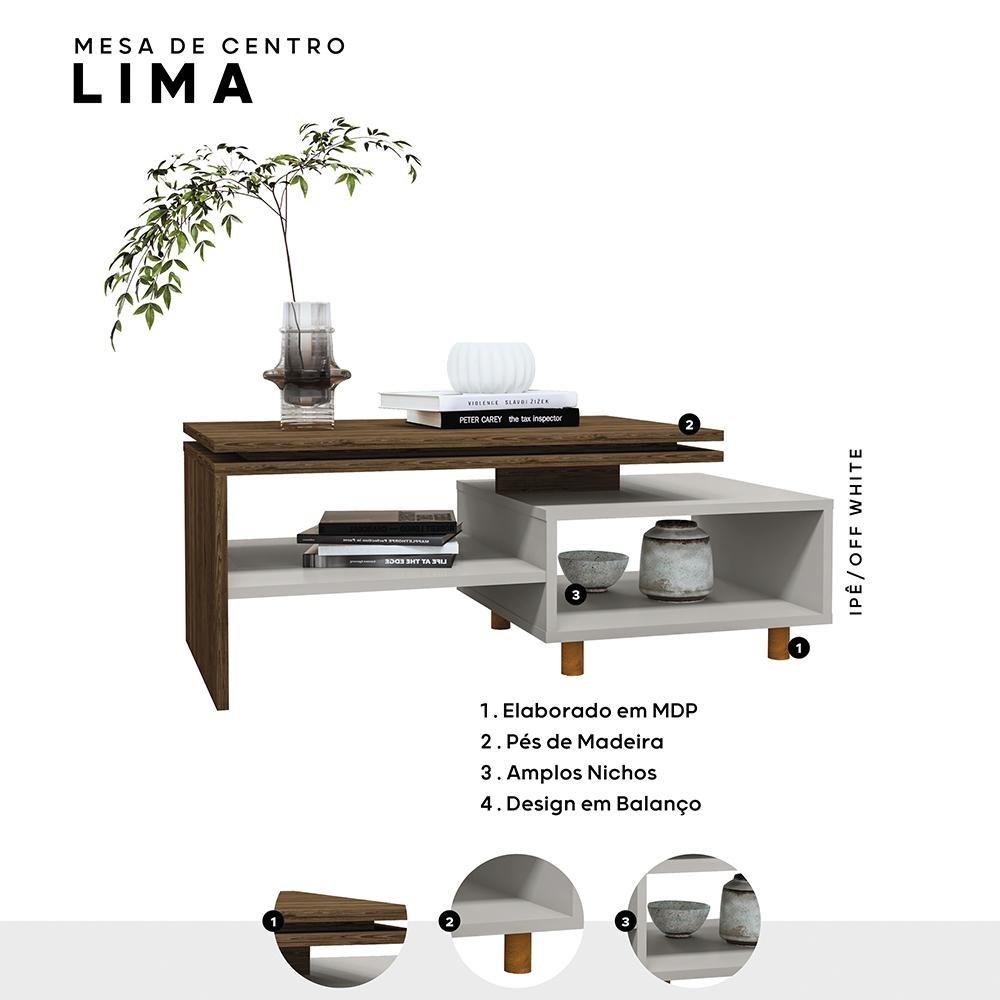 Mesa de Centro Sala Lima com Pés de Madeira Maciça Ipe/off White - 3