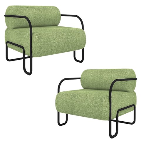 Kit 2 Poltronas Decorativas Sala de Estar Polatsk Base Industrial de Ferro Bouclê Verde Oliva G33 - 
