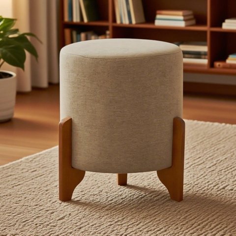 Puff Banqueta Thor Decorativo Retrô Sala Estar Quarto Reforçado Linho Bege