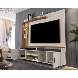Estante Home Para Tv Até 65 Polegadas -2 Portas e Nicho com Leds -Rodizio:Off-White/Canela - 4