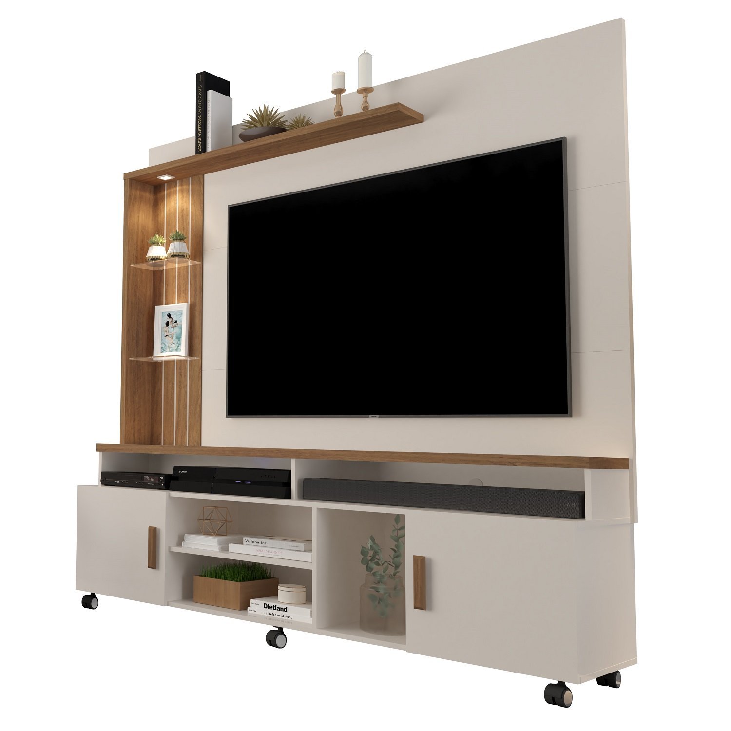 Estante Home Para Tv Até 65 Polegadas -2 Portas e Nicho com Leds -Rodizio:Off-White/Canela - 3