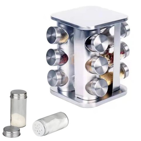 Porta Condimentos Giratório com 12 Potes de Vidro - Organização e Elegância