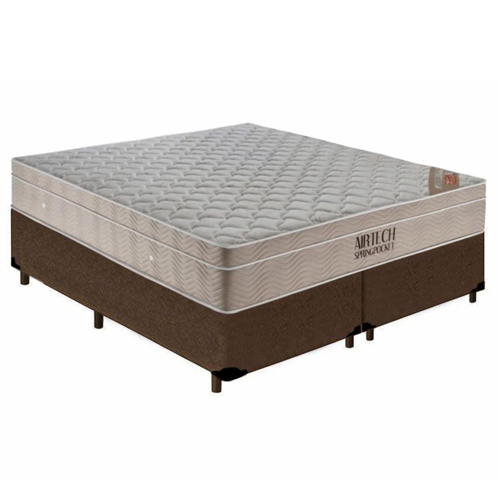 Cama Box Queen Bipartido Suede + Colchão Ortobom Airtech Molas Ensacadas 65x158x198 Marrom