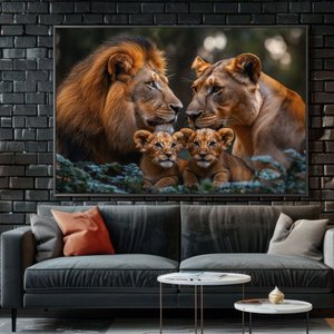 Quadro Decorativo Familia Leao Leoa Dois Filhotes Nas Folhas Sala Quarto Casa Escritório